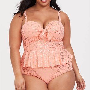 Plus Size Peach Pink & Rose Gold Mermaid Tie Front Underwire Peplum Midkini Set